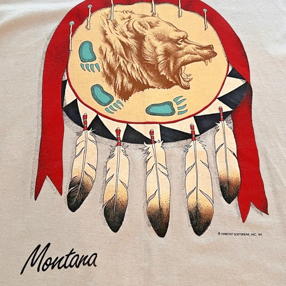 Vintage 1989 Native Tribal Design Montana Bear Feathers T Shirt XL - Picture 5 of 15
